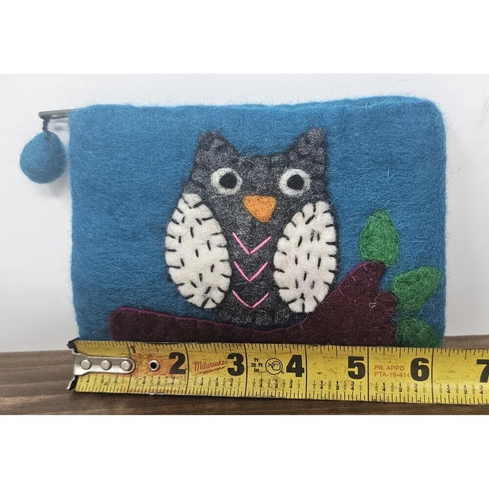 Felted Wool Owl On Branch Zippered Multicolor Coin Pouch Bag Nepal New 6"x4.5" - Picture 7 of 8